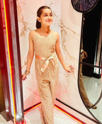 Shimmery Belted Jumpsuit - Beige
