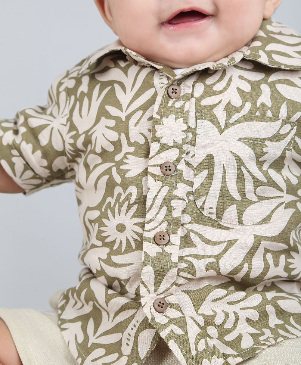 Baby Boys Tropical Bloom Cotton Co-ord Set - Olive & Beige