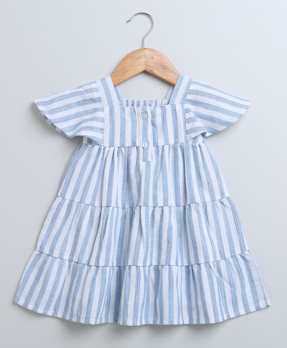 Striped Bell Sleeves Cotton Slub Dress - Blue & White