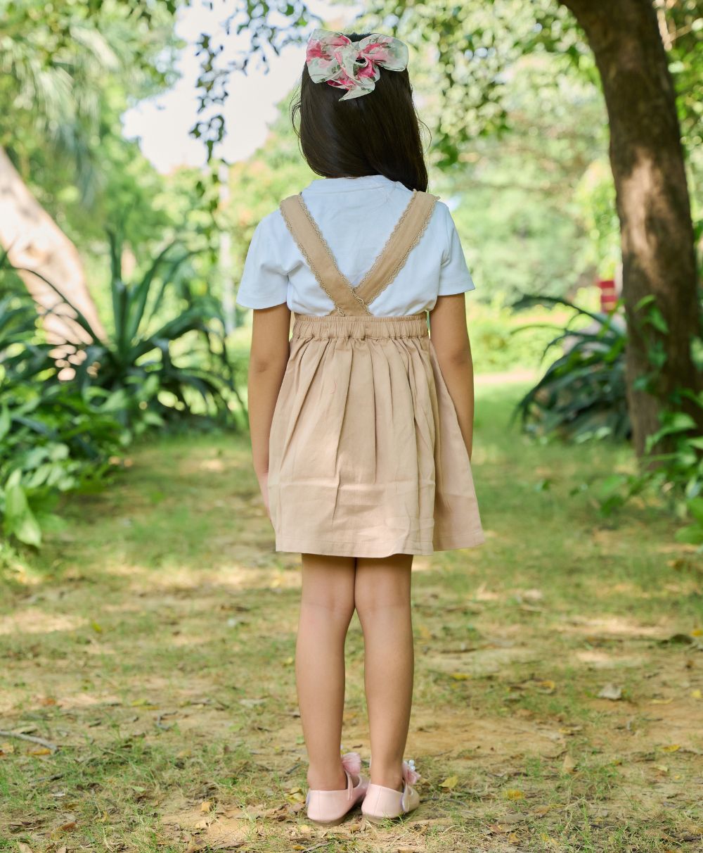 Cotton Twill Pinafore Dress with White Ducks Embroidery - Beige & White
