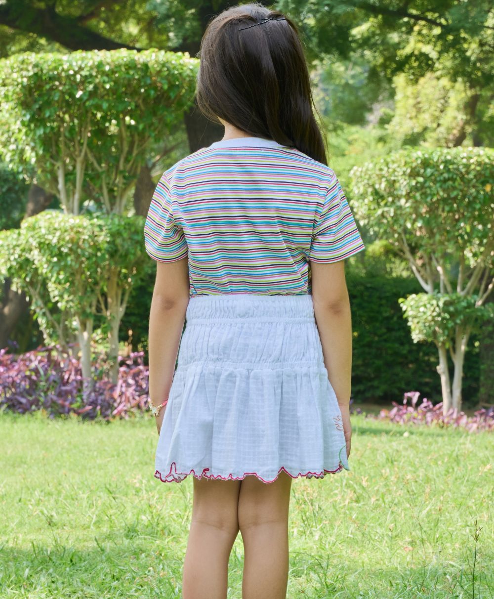 Multicolored Striped  T-shirt & Embroidery Cotton Skirt - White