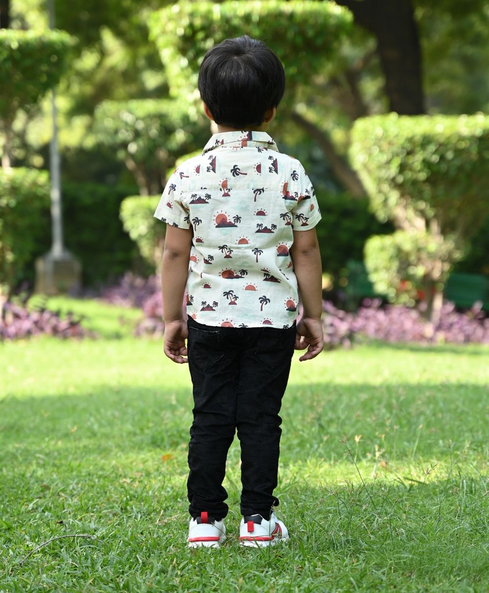 Palm Trees and Sunset Print Cotton Linen Shirt - Beige