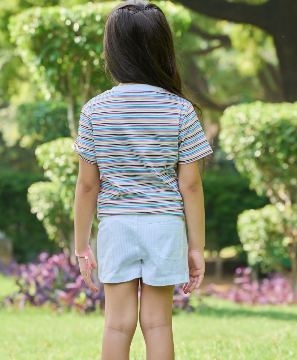 Striped T-shirt & Multicoloured Embroidery Short - Multicoloured & White