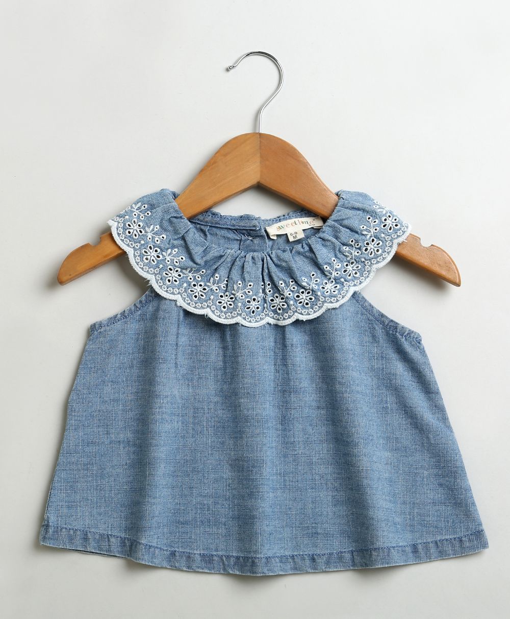 Cotton Denim Ruffle Dress & Bloomer Set - Blue