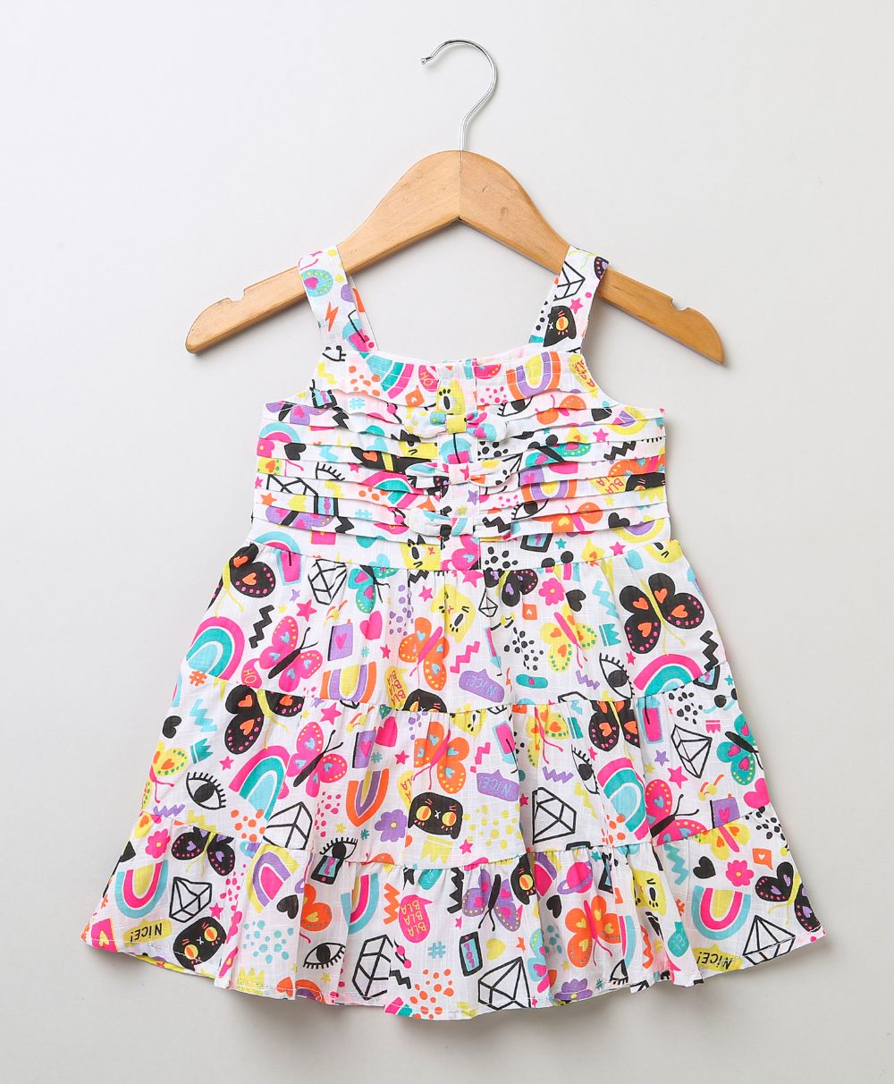 Cat & Butterfly Printed Colorful Dress - Multicoloured