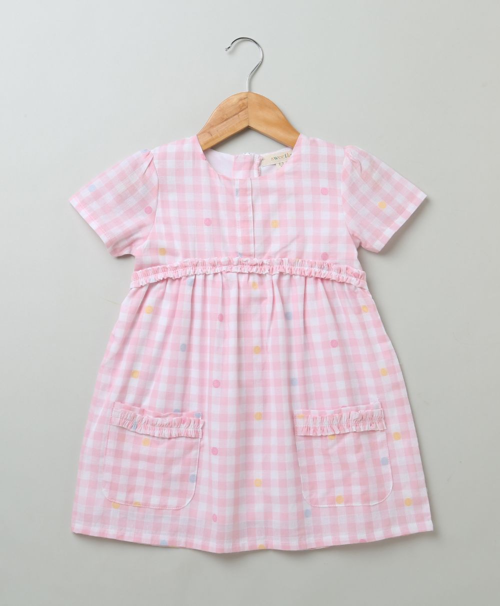 Baby Pink and White Checks Dress - Pink