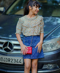 Floral Printed Blouse & Polka Dot Printed A line Skirt with Front Pocket - Multicolored