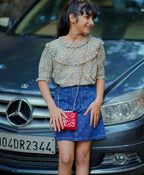 Floral Printed Blouse & Polka Dot Printed A line Skirt with Front Pocket - Multicolored