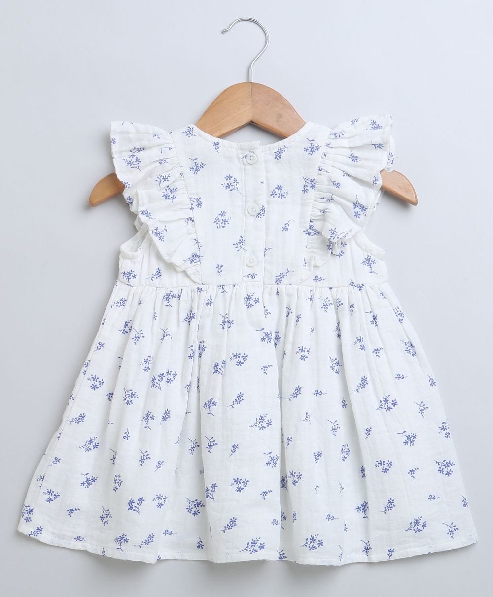 Blue Floral Print Flared Cotton Dress - White