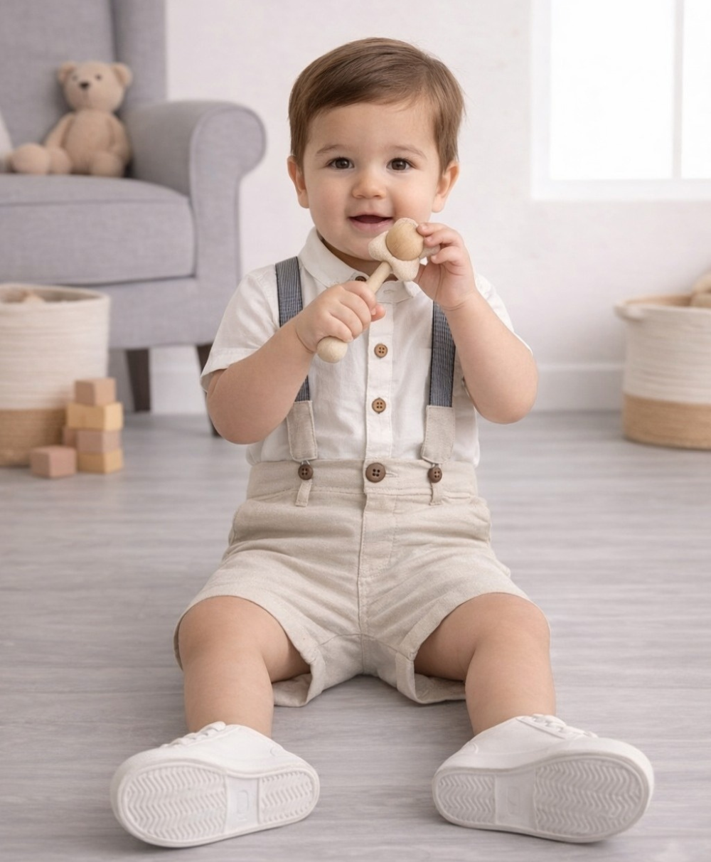 Little Gentleman Suspender Co-ord Set - White & Beige