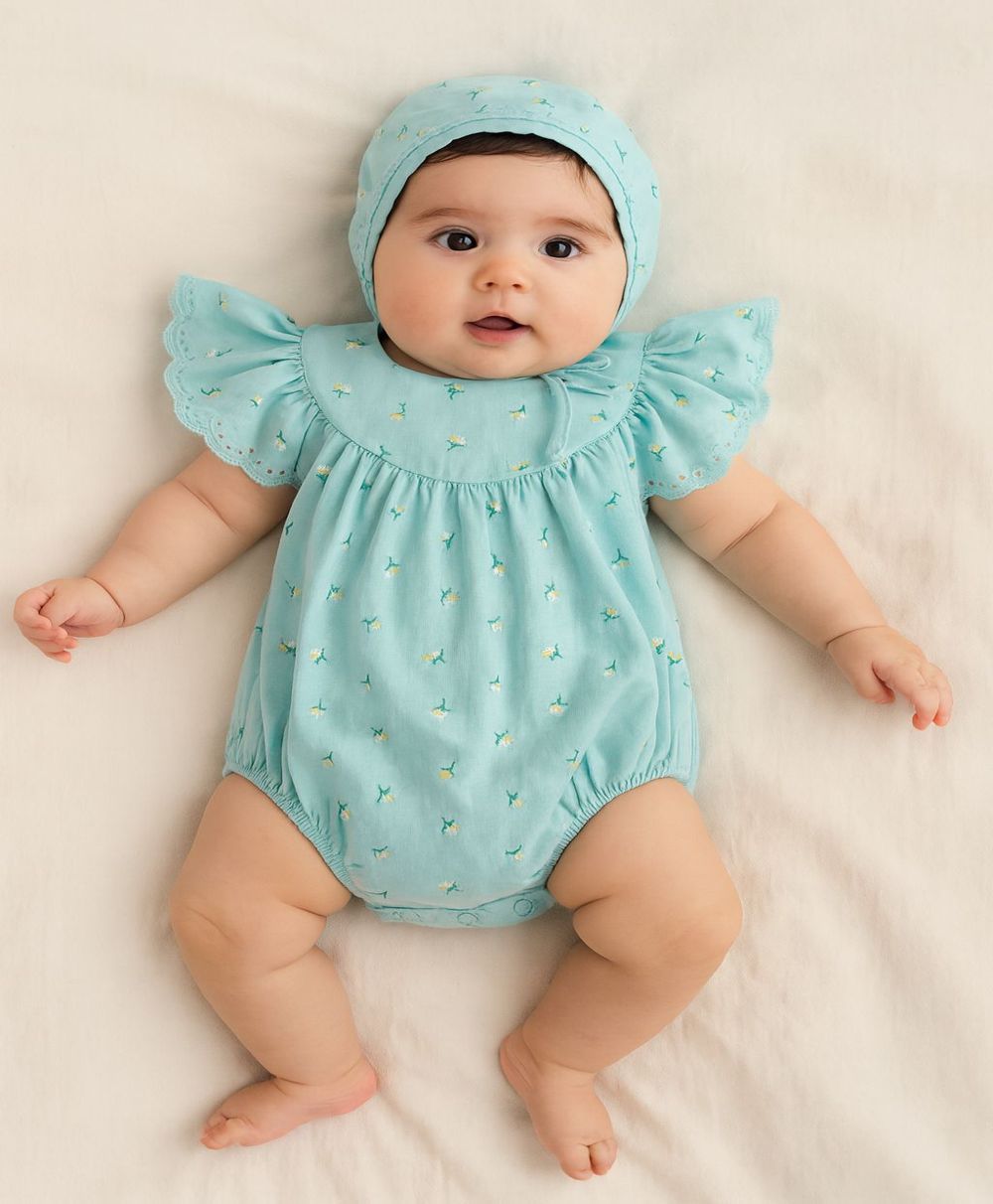 Baby Girls'  Bluebell Fairy Organic Cotton Romper & Bonnet Set - Sea Green