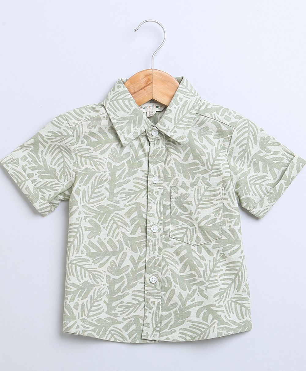 Leaf Printed Cotton Linen Shirt & Shorts Boys Co-ord Set - Olive