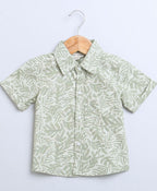 Leaf Printed Cotton Linen Shirt & Shorts Boys Co-ord Set - Olive