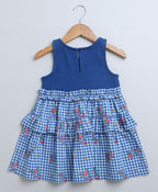 Checks Flared Cotton Printed Dress - Blue