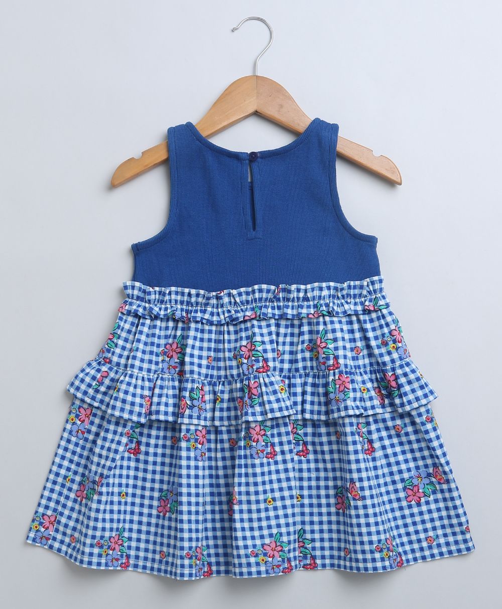 Checks Flared Cotton Printed Dress - Blue