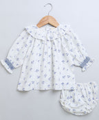 Baby Girls Blue Floral Printed Cotton Dress with a Bloomer - White
