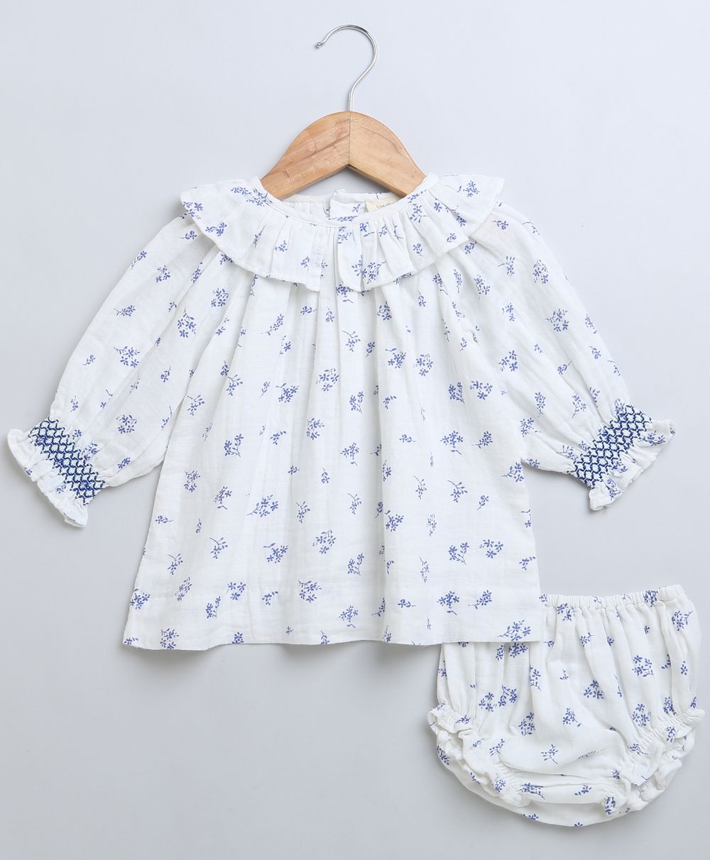 Baby Girls Blue Floral Printed Cotton Dress with a Bloomer - White