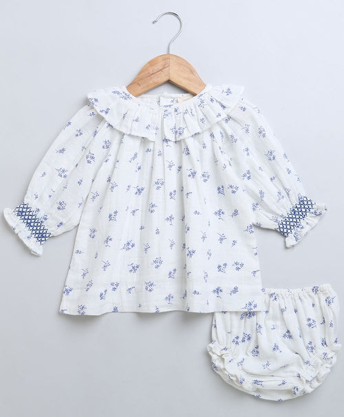 Baby Girls Blue Floral Printed Cotton Dress with a Bloomer - White