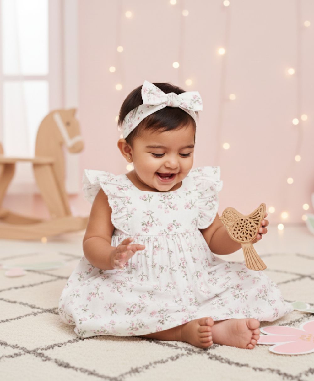 Baby Girl's Organic Cotton Little Meadow Princess Dress & Hairband Set - White