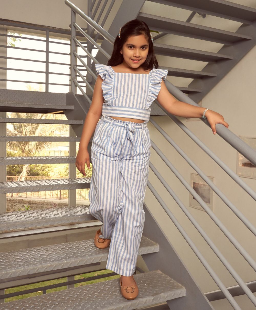 Striped Cotton Co-ord Set - White & Blue