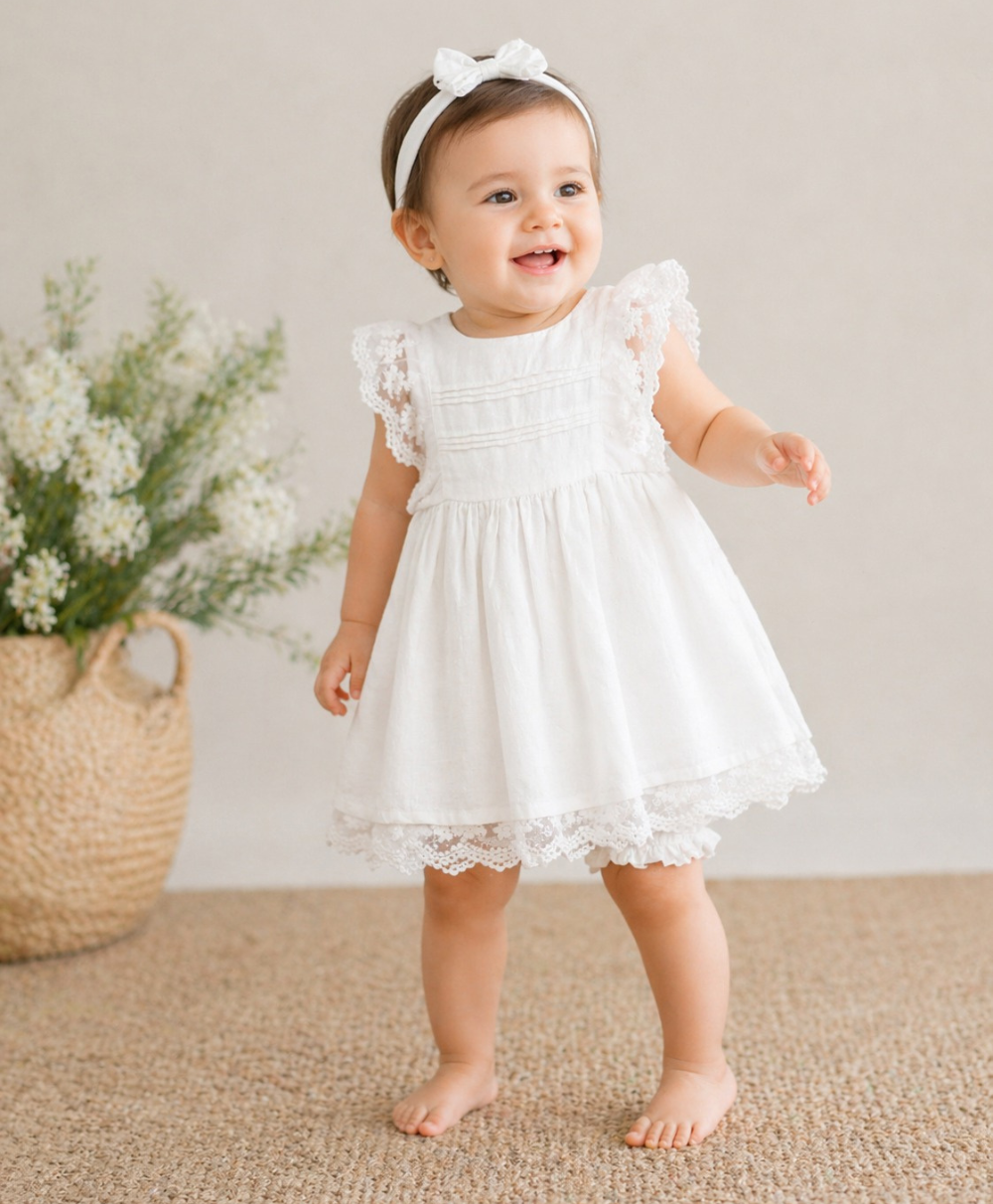 Ivory Blossom Lace Linen Dress & Bloomer - White