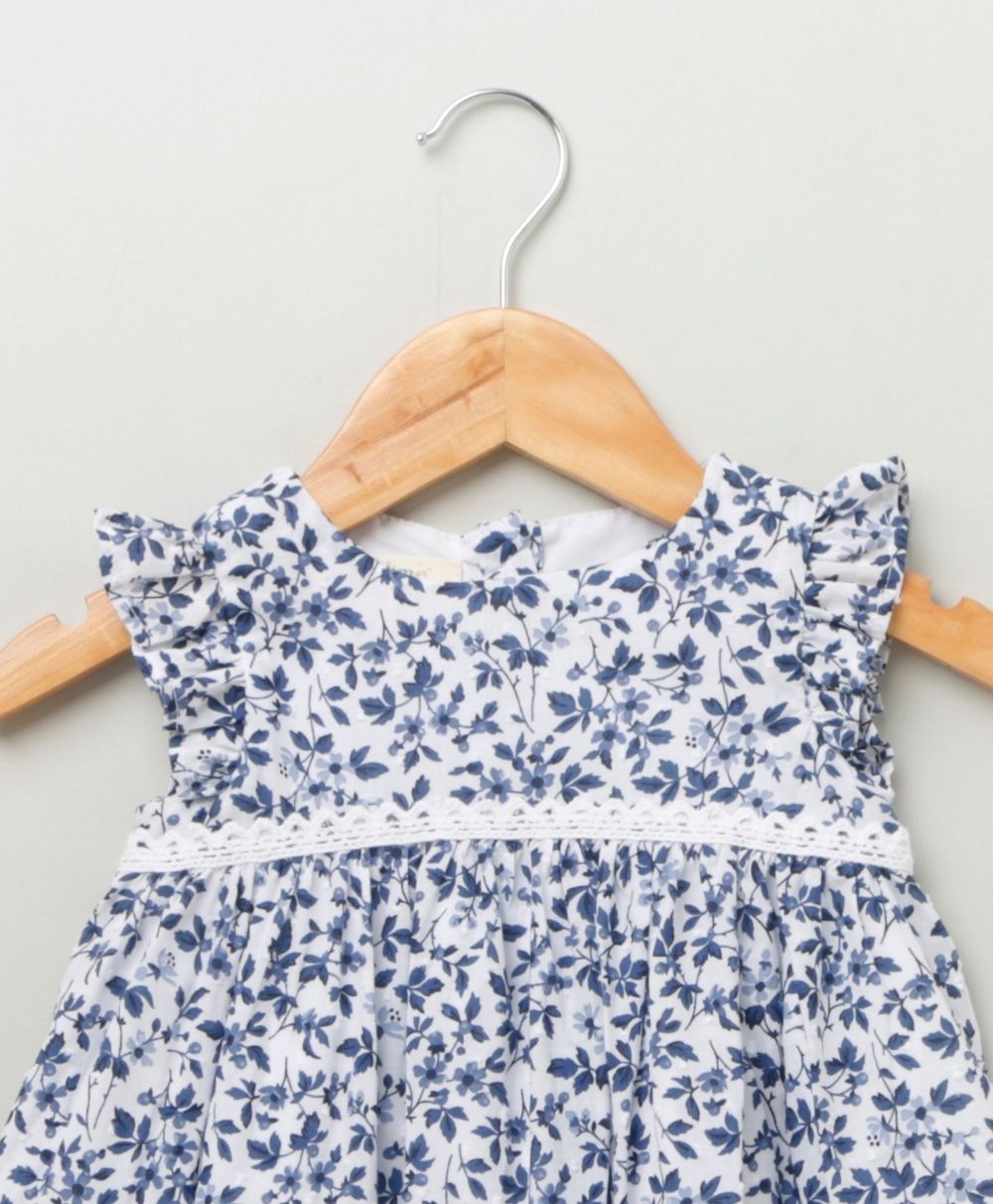 Floral Printed Flutter Sleeves Dress - White & Blue