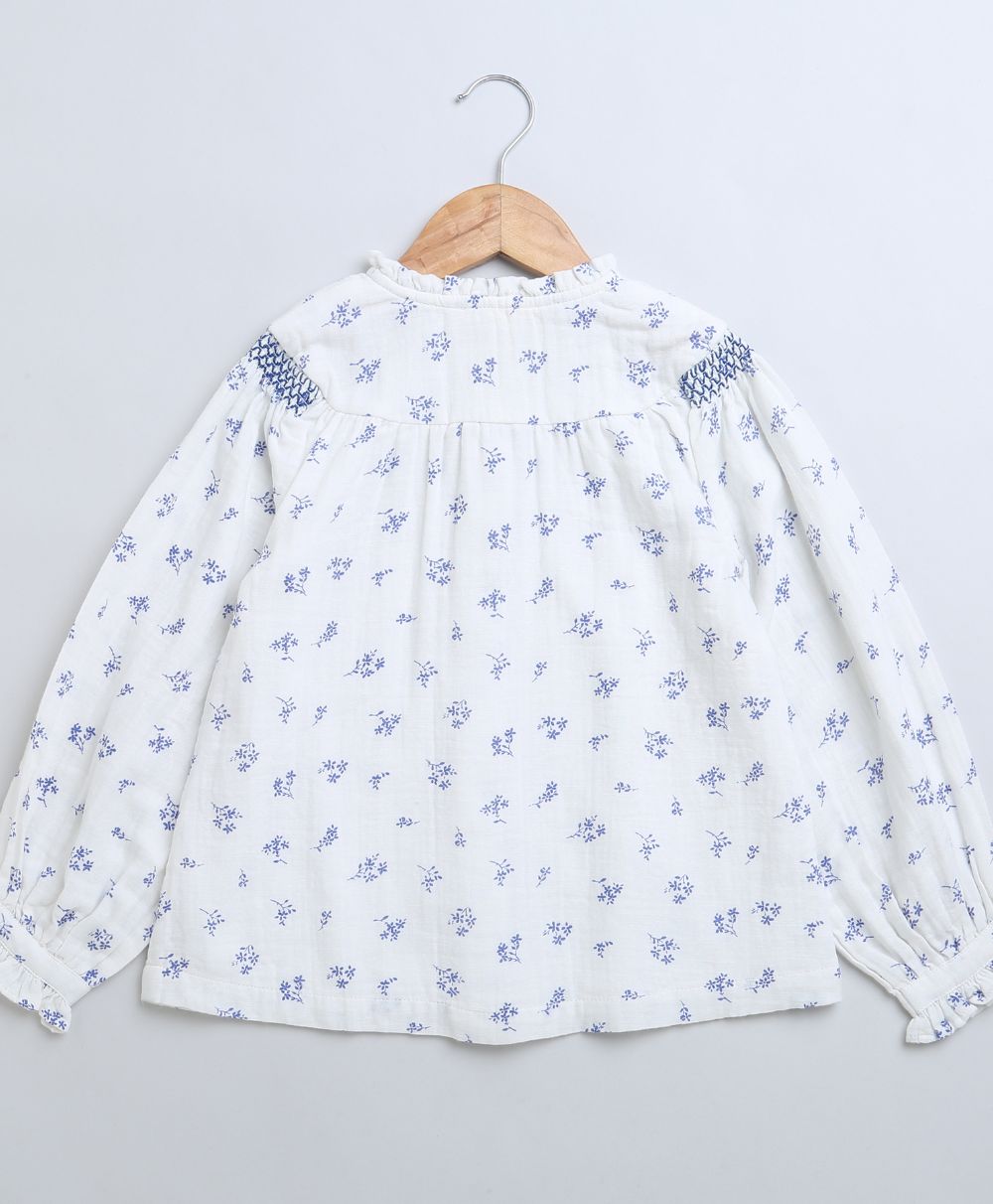 Long Sleeves Blue Floral Printed Cotton Top - White