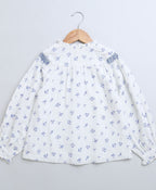 Long Sleeves Blue Floral Printed Cotton Top - White