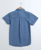 Men Short Sleeves Cotton Denim Shirt - Blue
