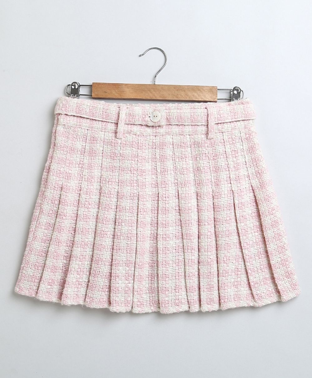 Stylish Solid Viscose Top & a Cotton Tweed Jacquard Skirt Set - White & Pink