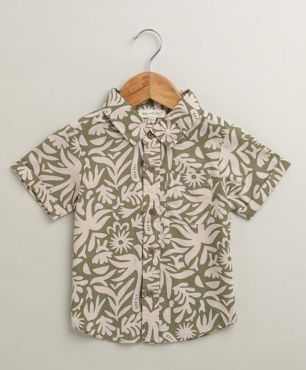 Baby Boys Tropical Bloom Cotton Co-ord Set - Olive & Beige