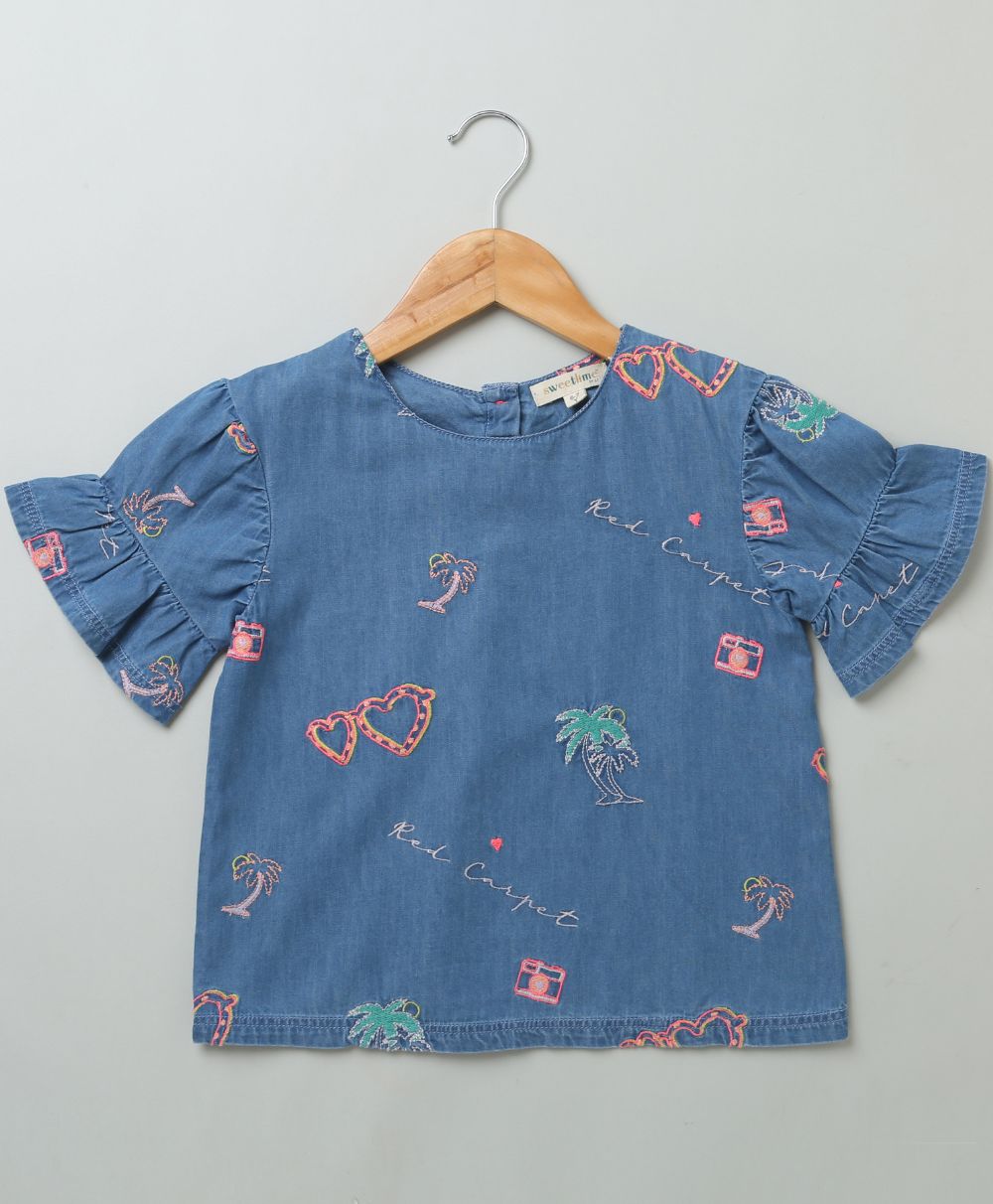 Cotton Denim Blouse with Palm Tree and  Neon Heart Embroidery - Blue