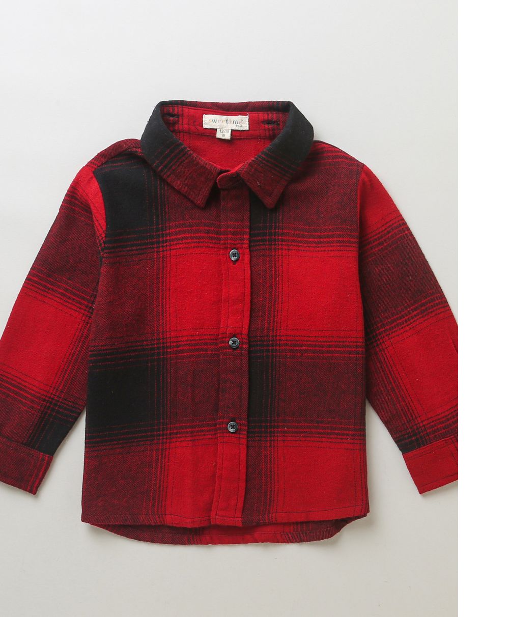 Sweetlime By As Checks Cotton Flannel Hoodie Long Sleeve Shirt detachable hoodie - Red & Black