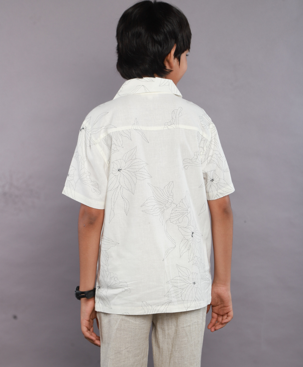 Floral Print Viscose Linen Blend Casual Shirt - White