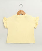 Honey Heart Ruffle Cotton T-shirt & Schiffly Embroidery Denim Skirt Set - Lemon Yellow & Blue