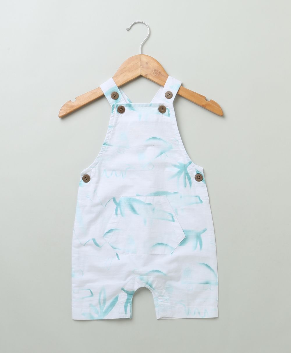 Unisex Sea Turtle and Alligator Print Cotton Poplin Playsuit - White