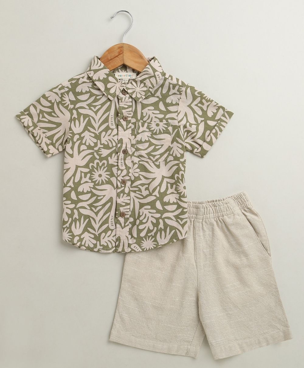 Baby Boys Tropical Bloom Cotton Co-ord Set - Olive & Beige