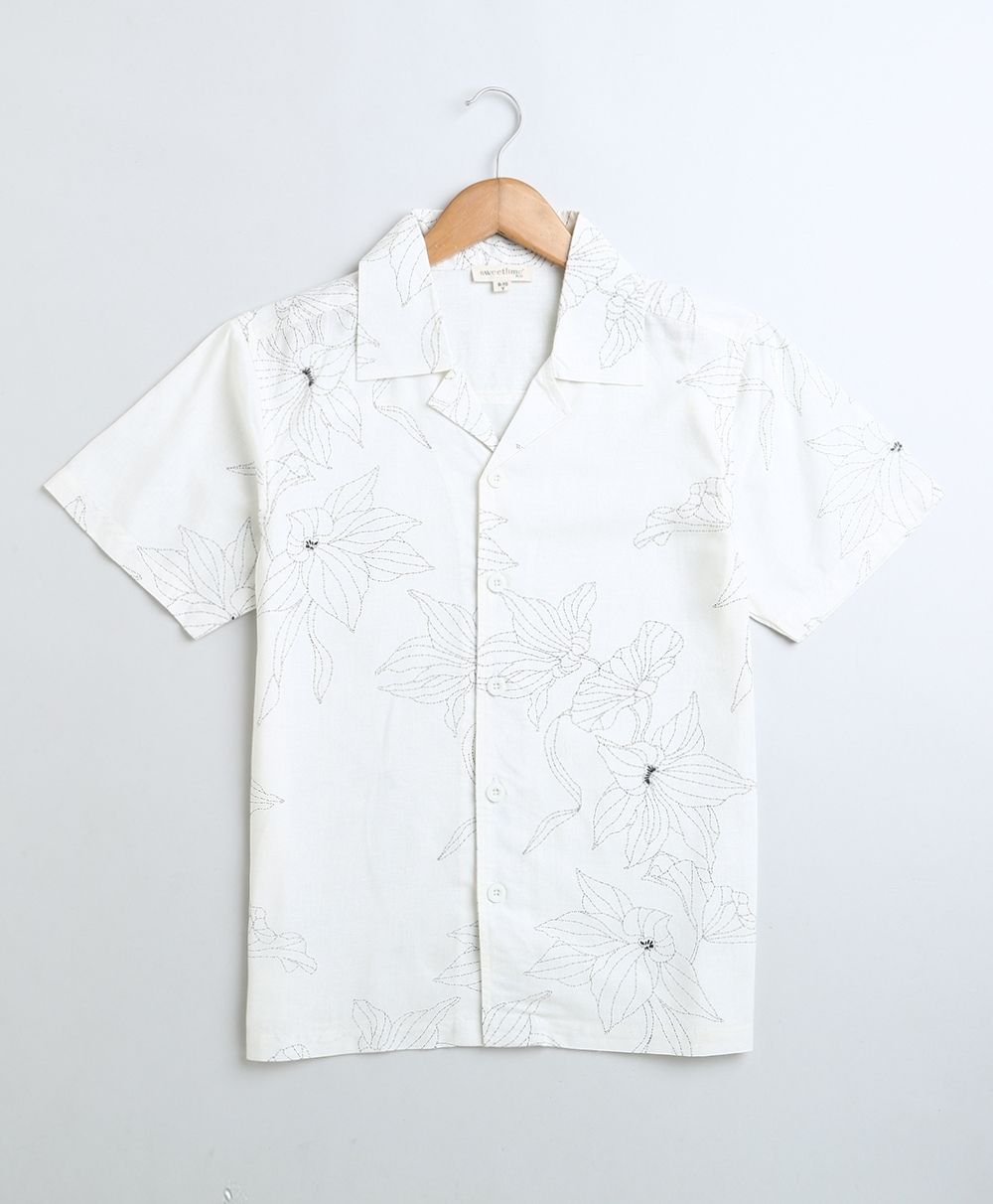 Floral Print Viscose Linen Blend Casual Shirt - White