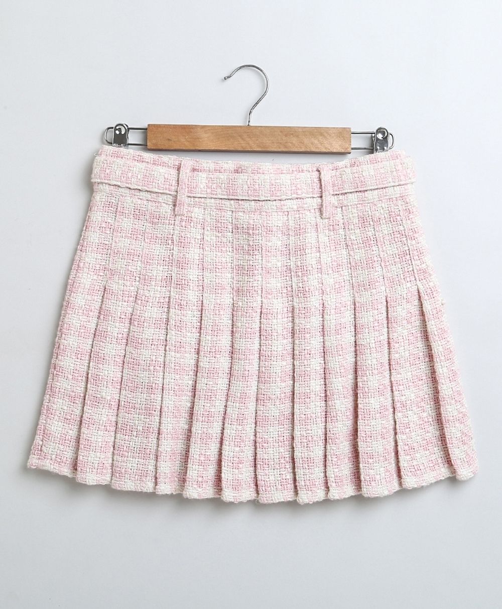Stylish Solid Viscose Top & a Cotton Tweed Jacquard Skirt Set - White & Pink