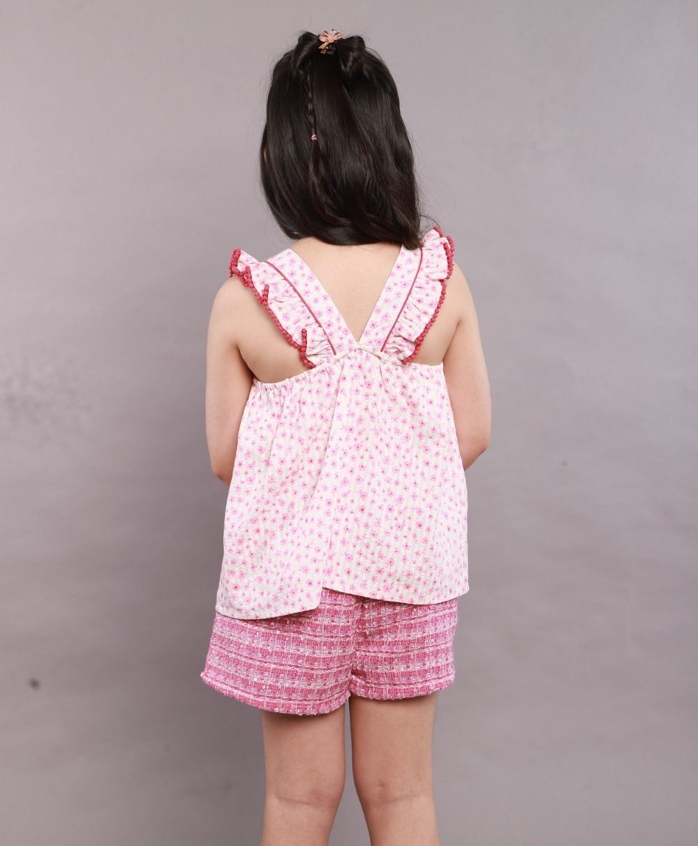 Stylish Floral Print Top And Shorts Coord Set - Pink