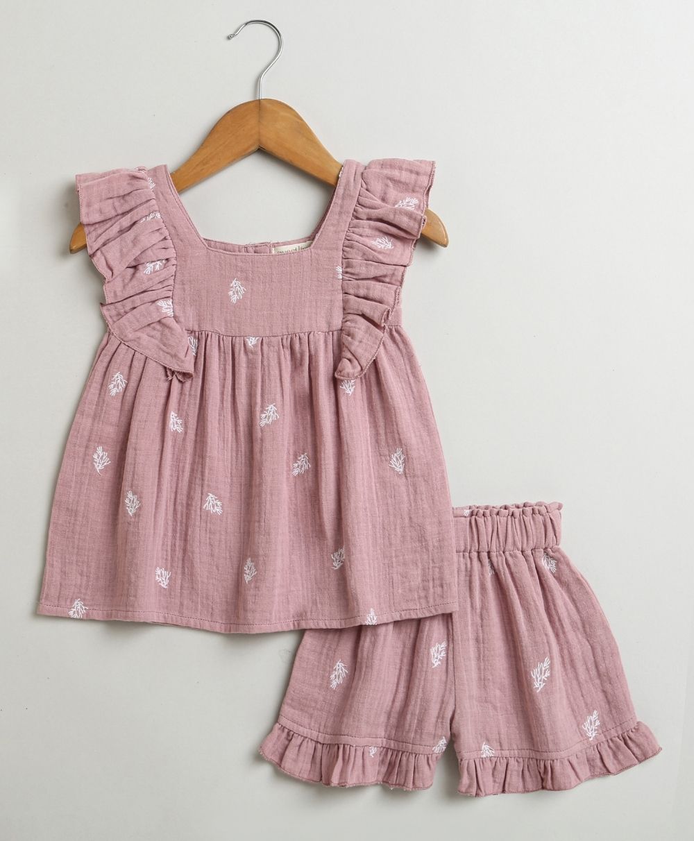 Leaf Embroidered Ruffle Organic Cotton Co-ord Set - Dusty Pink