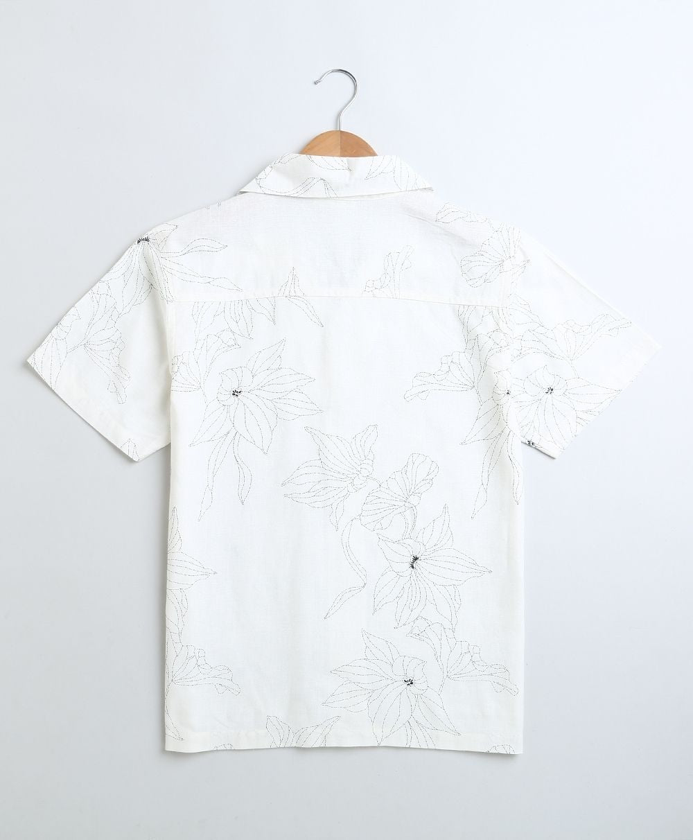 Floral Print Viscose Linen Blend Casual Shirt - White