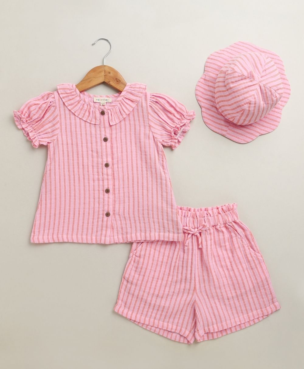 Baby Girls Candy Stripe Organic Cotton Co-ord Set with a Hat - Pink