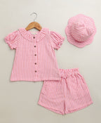 Baby Girls Candy Stripe Organic Cotton Co-ord Set with a Hat - Pink