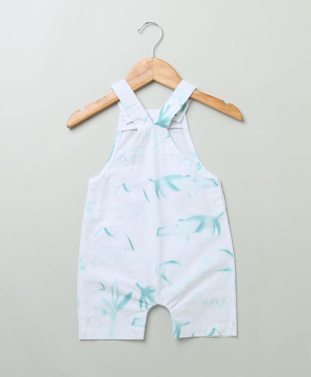 Unisex Sea Turtle and Alligator Print Cotton Poplin Playsuit - White