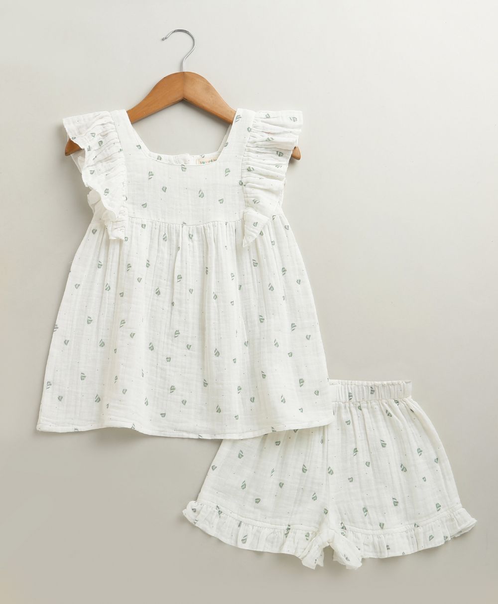 Minty Whisper Ruffle Organic Cotton Co-ord Set - White