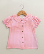 Baby Girls Candy Stripe Organic Cotton Co-ord Set with a Hat - Pink