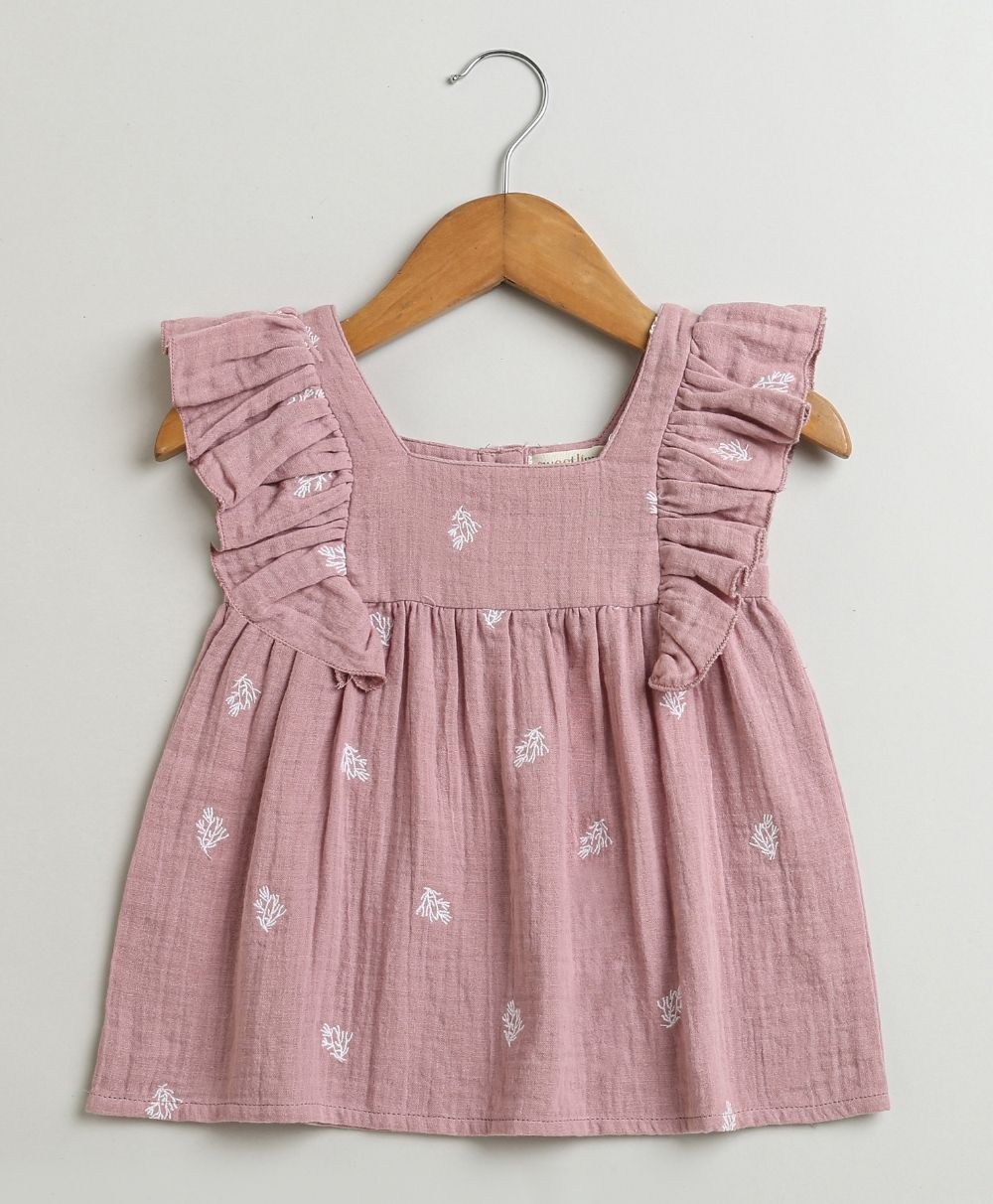 Leaf Embroidered Ruffle Organic Cotton Co-ord Set - Dusty Pink