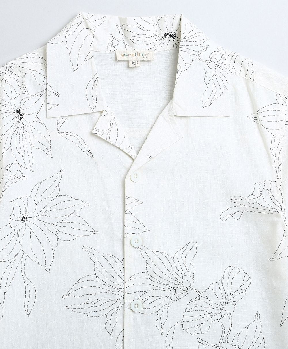 Floral Print Viscose Linen Blend Casual Shirt - White