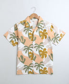 Mens Beige Tropical Print Organic Cotton Shirt - Beige